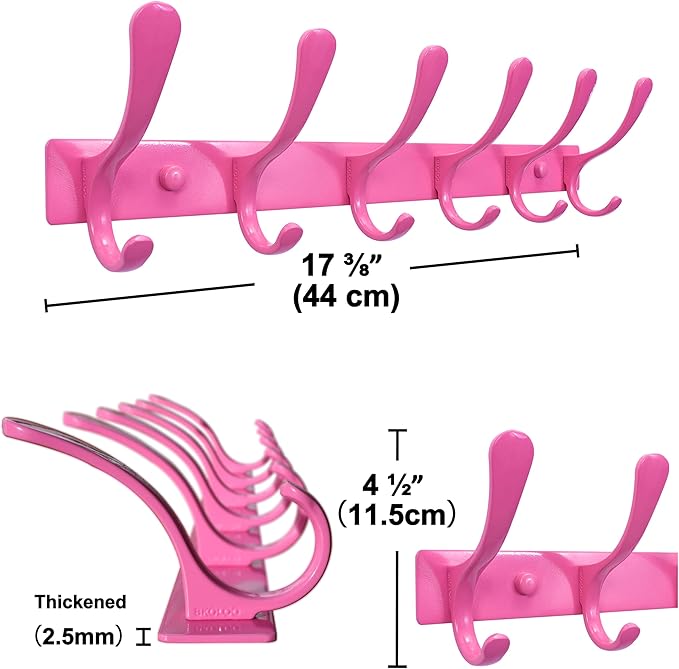 SKOLOO Coat Rack Wall Mounted - 6 Hooks, Heavy Duty, Stainless Steel, Metal Wall Hangers, Sturdy Coat Hooks for Hanging Coats, Jacket, Clothes, Hat, Pink