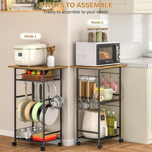 ThreeHio Rolling Kitchen Microwave Cart, 3 Tier Microwave Table Stand with Adjustable Shelf, Kitchen Storage Rack on Wheels, Coffee Station Cart Rack Shelf Organizer for Living Room Office, Balcony