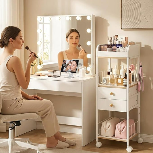 Makeup Organizer Cart, Rolling Floor Skincare Organizer and Storage with 2 Wooden Drawers, Cosmetics Display Cases Holder for Skin Care Perfume Hair Tools Nail Polish(White & Gold)