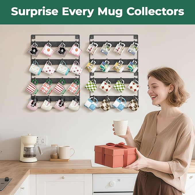 EsLuker.ly Mug Holder Hanger Rack Wall Mounted Wooden 4 Pack Coffee Cup Storage Organizer Display Shelf with 32 Movable Plastic Hooks, Ideal for Mug Collectors, Black