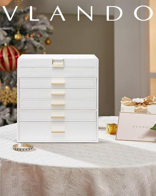 VLANDO 6 Layer Large Jewelry Box - Jewelry Holder Organizer, Jewelry Box Organizer for Drawer Necklace Ring Bracelet and Watch, Birthday Gift for Loved Ones - White
