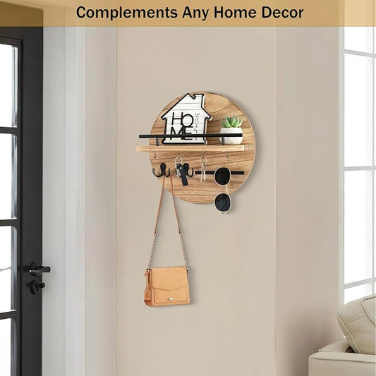 dreampossible Key Holder for Wall Decorative with Shelf and Hooks, Mail Organizer Wall Mount with Sunglasses Holder, Circular Design Entryway Key Rack Hanger, Rustic Home Decor