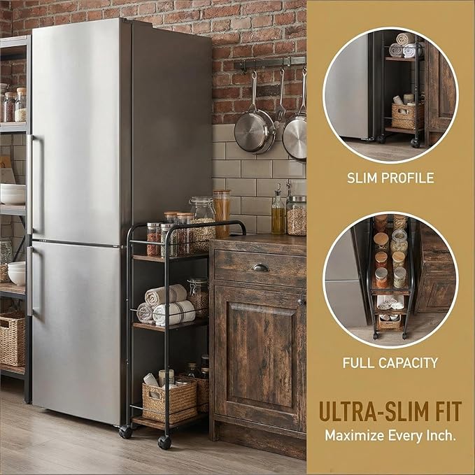 Bar Cart, Small Bar Cart for Small Spaces, 3-Tier Rolling Kitchen Cart on Wheels, Slim Narrow Liquor Cart with Protective Fence, Industrial Mini Coffee Station for Home, Rustic Brown