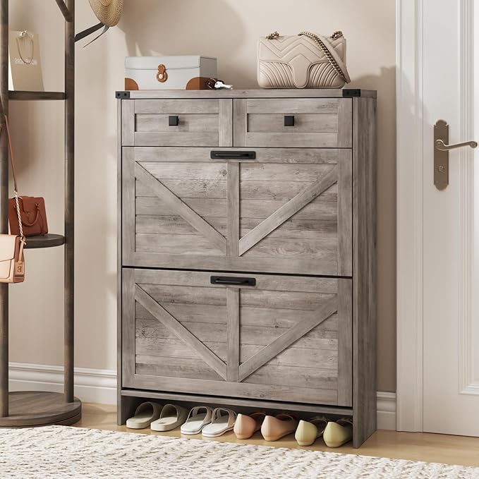 Shoe Cabinet with 2 Flip Drawers & 2 Drawers,Farmhouse Shoe Storage Cabinet for Entryway,Slim Freestanding Narrow Organizer Rack for Front Door Entrance,Grey