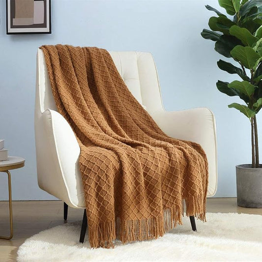 CREVENT Farmhouse Boho Knitted Throw Blanket for Couch Sofa Chair Bed Home Decoration, Soft Warm Cozy Light Weight for Spring Summer Fall (60''X80'' Brown)
