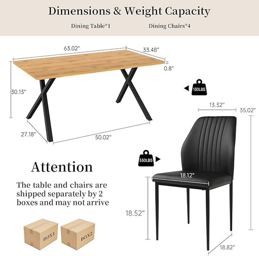 HIPIHOM 5-Piece Dining Table Set for 4-6 People, 63" MDF Kitchen Table with 4 Upholstered Chairs, Metal Legs for Dining Room, Kitchen(Oak Table+4 Black Chairs)