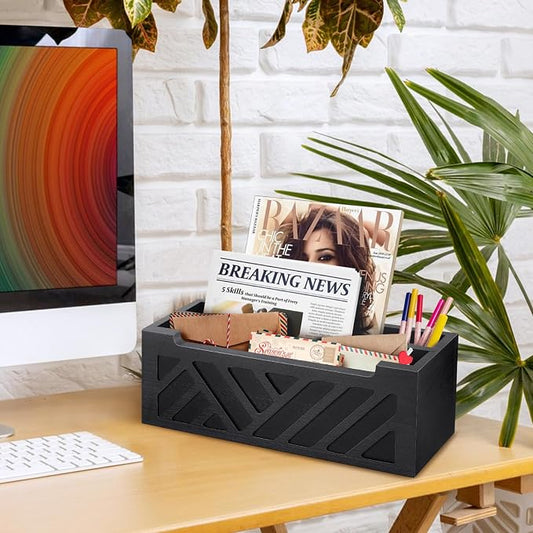 MINCORD Mail Organizer Mail Holder Countertop with 2 Slots, Wood Mail Basket for Wall Table Desk, Envelope Bill Holder for Home Office Decor (Black-2)