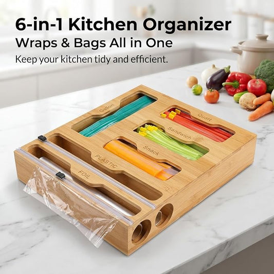 FUSHITON 6 in 1 Bamboo Food Storage Bag Organizer, Plastic Wrap Dispenser with Cutter, Foil Wax Paper Organizer for Kitchen Drawer, Wall Mount Countertop, Fits Gallon, Quart, Sandwich, Snack Bags