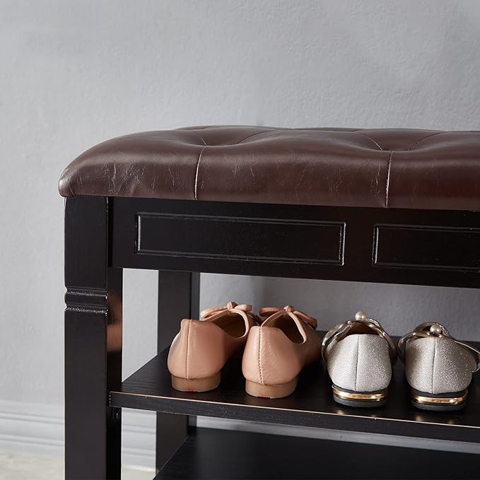 Shoe Storage Bench with Cushion, Entry Bench with Storage Solid Wood Shoe Bench Ideal for Entryway Living Room and Corridor (Black, 31.5'')