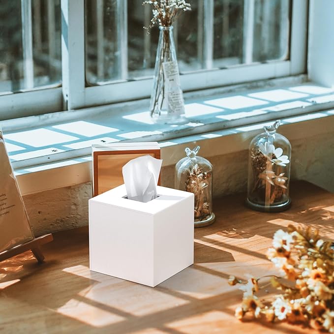 Tissue Box Cover, PITBVO Acrylic Tissue Box Holder Square Tissue Box Cover, Handmade Facial Tissue Holder Napkin Dispenser for Bathroom Kitchen Bedroom Office (Matte White, 5.5x5.5x5.5)