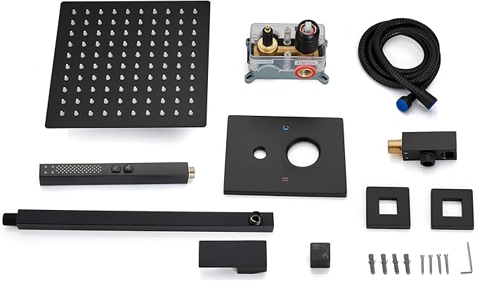 Shower Faucet Set Rainfall Shower System with Square Showerhead and Handle Set Fixture with 2 in 1 Function Handheld Sprayer Wall Mounted Trim Repair Kit Rough-in Valve 10 Inch Matte Black