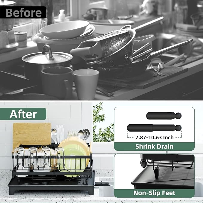 Dish Drying Rack with Auto-Drainboard - Rustproof Kitchen Counter Strainer with Cutlery & Cup Holders, Compact Space Saver Kitchen Strainer, Black