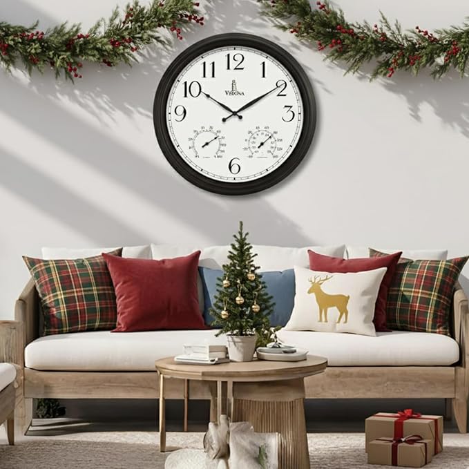 24 inch Outdoor Clocks for Patio Large Waterproof with Thermometer - Black Outdoor Wall Clock with Temperature and Humidity Combo - Weatherproof, Accurate & Easy to Read for Pool, Garden & Home Decor