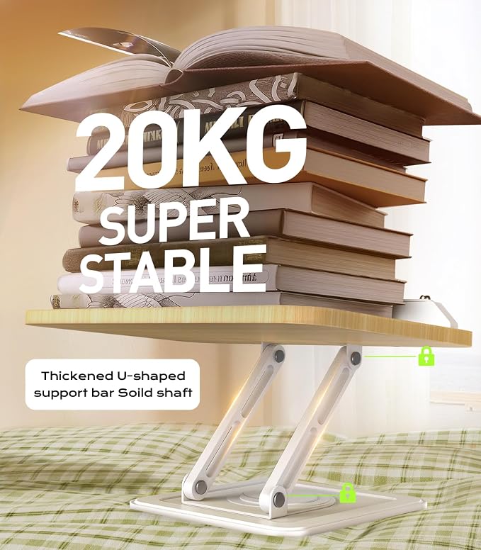 Book Stand for Reading, Adjustable Book Holder with 360°Rotating Bases, Ergonomic Cookbook Stand Recipe Book Holder with Elastic Page Clips for Magazines, Tablets, Laptops,White