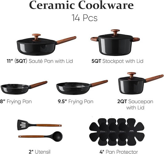 CAROTE ceramic cookware set,nonstick pots and pans,14PCS Non Toxic Healthy Non Stick Kitchen Cooking Pots and Frying Pans Set, PFAS PTFE Free