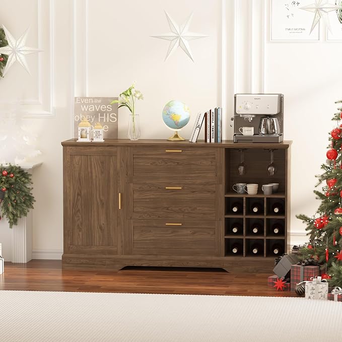 GarveeHome 63 Inch Farmhouse Sideboard Buffet with Drawer Adjustable Shelves,Kitchen Island with Door-Back Rack for Snacks,Coffee Bar Buffet with Wine Racks Storage for Kitchen Entryway Rustic Walnut