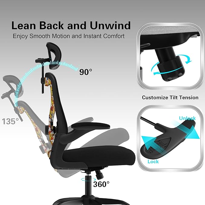 Office Chair for Back & Neck Pain Relief, Virgin Foam Seat, 2D Adjustable Lumbar & 3D Headrest, Flip-Up Armrests, Tilt & Rock for Relaxation (English, Black/UF)