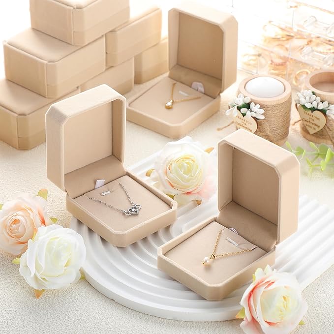 Sureio 24 Pcs Velvet Jewelry Gift Boxes Bulk for Necklace Pendant Ring Earring Display Case for Christmas Wedding(Beige)