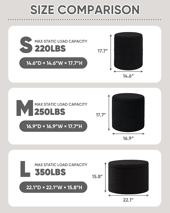 PINPLUS Round Storage Ottoman Foot Rest Stool with Tray Velvet Sherpa Folding Storage Ottoman,Boucle Foot Rest for Living Room, Bedroom, Dorm(Black)