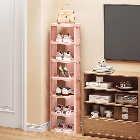 Kitstorack 5-Tier Vertical Plastic Shoe Rack, Freestanding Stackable Shoe Storage Organizer Cubes Shoe Shelf Tower or Small Closets and Tight Spaces, Pink