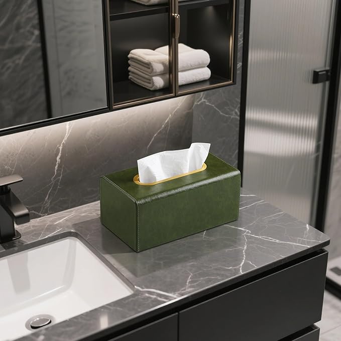 Rectangle Tissue Box Cover for 120-160 Count Box of Tissues, Luxury PU Leather Tissue Holder with Magnetic Closure (Dark Green)