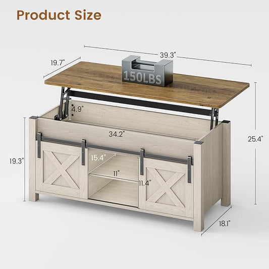 SEDETA Lift Top Coffee Table, Farmhouse Lift Tabletop Dining Table, Gas Spring, Hidden Compartment, Open Storage Shelf, for Living Room, White Brown