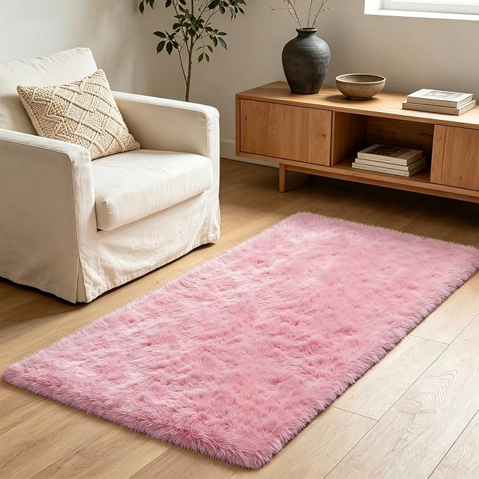 Shag Runner Rug for Bedroom Living Room 2x6 Upgrade Non-Slip Fluffy Soft Bedside Rugs,Pink Shaggy Carpet for Livingroom Dorm Home Decor Aesthetic