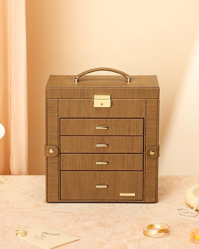 Homde Mothers Day Gifts Synthetic Leather Huge Jewelry Box Mirrored Watch Organizer Necklace Ring Earring Storage Lockable Gift Case (Brown + Gold)