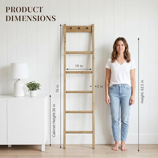 Wooden Blanket Ladder - Natural & Motley Wood - Leaning Wall Decor for Bedroom, Bathroom, Living Room - Rustic Quilt Holder & Towel Rack (Natural Wood Color + Hook, 76in(5-Tier))