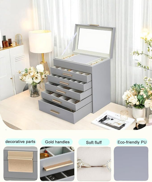 BOOVO Jewelry Boxes for Women, White and Black 6 Layer Large Jewelry Box for Necklace, Bracelet, Earrings, Rings Storage, Jewelry holder Organizer for Girls Gift (Grey, 6 layer)
