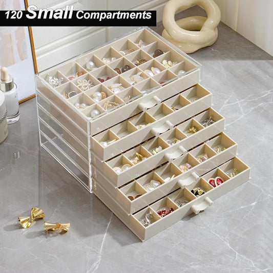 YUFONG Earring Storage Box Organizer, Acrylic Jewelry Storage Box Holder 5 Drawers Transparent Jewelry Display Stand with 120 Small Compartments Gift Boxes for Women Girls (Beige)