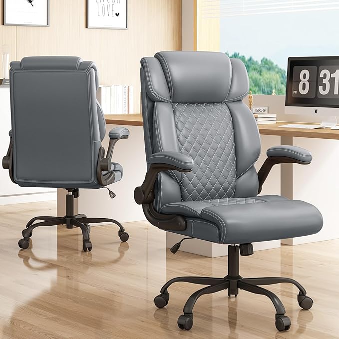 Office Chair-Executive High Back Breathable Comfy Desk Chair with Flip-up Armrests Lumbar Support-Ergonomic Leather Rolling Swivel Chair with Rock Function for Working Studying Gaming