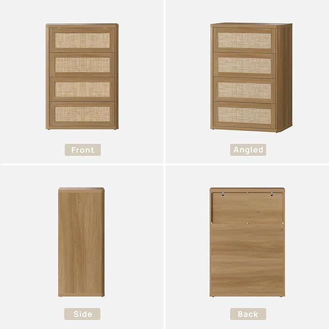 SICOTAS 4 Drawer Dresser for Bedroom-40.59'' Tall Rattan Bedroom Dressers with Oversized Drawers, Modern Wooden Chest of Drawers, Push-to-Open Storage Dresser for Closet, Nursery, Amber Oak