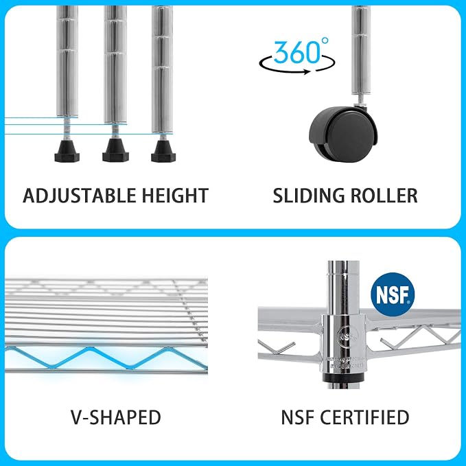 30" L×14" W×60" H Wire Shelving Unit Commercial Metal Shelf with 5 Tier Casters Adjustable Layer Rack Strong Steel for Restaurant Garage Pantry Kitchen Garage,Chrome