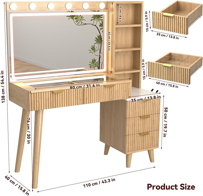 43" Fluted Makeup Vanity Desk with 32" Mirror and Lights, Modern Glass Top Large Vanity Table with 5 Drawers and 3 Storage Shelves, Dressing Table Set with Charging Station for Bedroom-Gray