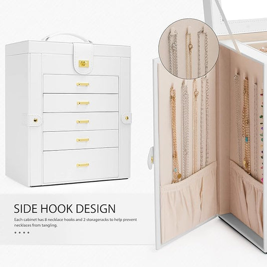 AKOZLIN 6-Tier Jewelry Box Organizer Functional 5 Drawers Leather Jewelry Storage Case for Women Girls Ring Necklace Earring Bracelet Holder Organizer with Mirror White Regular