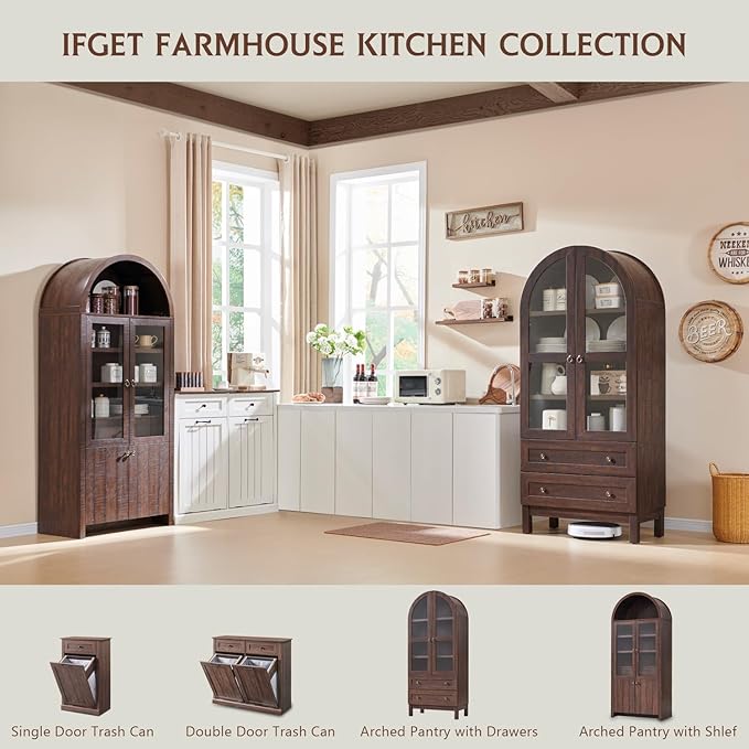 IFGET 71" Tall Arched Kitchen Pantry Cabinet, Wood Kitchens Storage Cabinets with 2 Large Drawers and Adjustable Shelves, Modern Farmhouse Versatile Cupboard for Kitchen, Dining Room, Bathroom, Brown