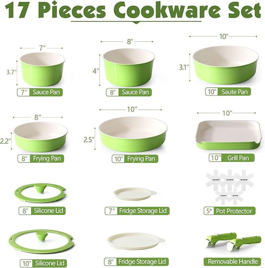 SENSARTE 17 Piece Ceramic Pots and Pans Set, Nonstick Detachable Handle Cookware, Induction Kitchen Cookware Set with Removable Handle, Dishwasher & Oven Safe (Green)