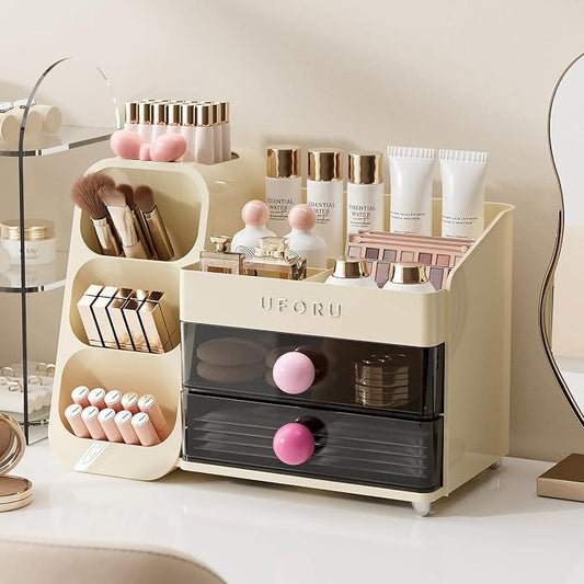 UFORU Makeup Organizer for Vanity with Brush Holder, Large Capacity Bathroom Countertop Skincare Organizer with 2 Drawers, Cosmetic Display Case for Perfumes, Eyeshadow Palettes, Nail Polishes