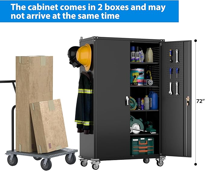 43.3"Wx21.9"Dx72"H Upgraded Wide and Deep Garage Storage Cabinet with Wheels and Doors,Metal Storage Cabinet with Pegboards and 4 Adjustable Shelves for Garage Home Basement,Required Assembly,Black