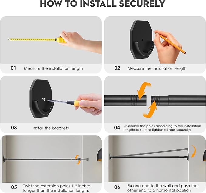 1.1 Inch Diameter Tension Closet Rods for Hanging Clothes 32-72 Inch, Adjustable Pole Closet to Hang Clothes, Heavy Duty Closet bar for Wardrobes with No Drilling Holder, Matte Black