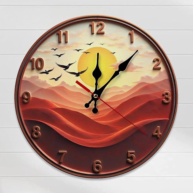 Wall Clock, Sunset Desert Landscape Non Ticking Wall Clocks Battery Operated, Red Wooden Wall Clocks for Kitchen, Living Room, Bedroom, Office, Bathroom Decorative 25 * 25cm