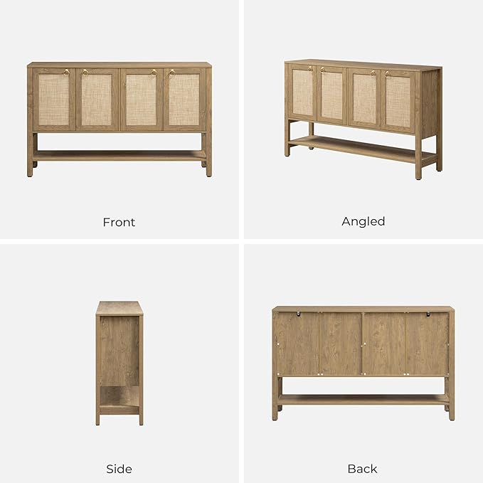 SICOTAS Rattan Sideboard Buffet Cabinet with Open Storage - Large Storage Cabinet with 4-Doors and Adjustable Shelves, Boho Credenza Coffee Bar Cabinets Buffet Table Console Table for Kitchen,Hallway