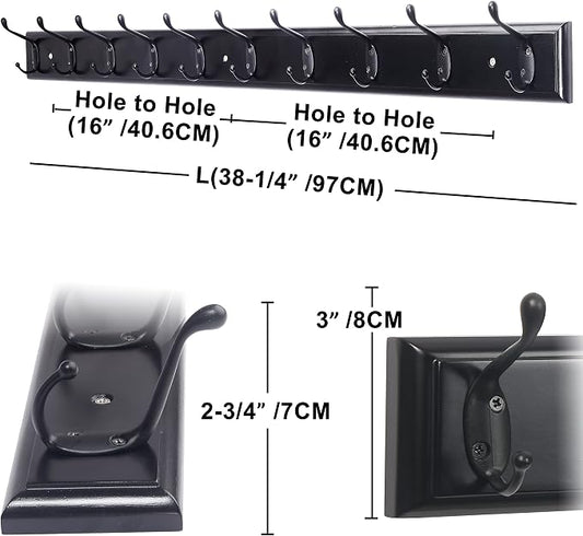 Dseap Coat Rack Wall Mounted: 10-Hooks, 16" Hole to Hole, 38-1/4" Long, Wood Coat Hooks Wall Mounted, Hook Rack, Hook Rail, Hooks for Hanging Coats, Black