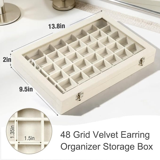 48 Grid Velvet Stud Earring Organizer Storage Tray, Adjustable Earring Holder Organizer with Clear Lid, Jewelry Display Box for Earrings, Rings, Necklaces and Studs, Gift for Women and Girls