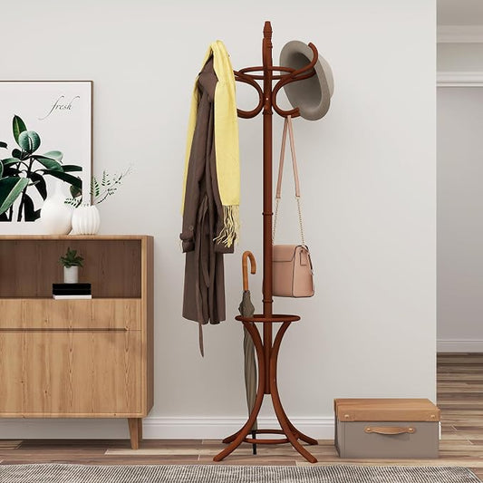 Giantex Solid Wood Coat Rack, Freestanding Hanger Stand w/12 Hooks, Umbrella Holder, Entryway Hall Tree for Coat, Hats, Scarves, Bags, Wooden Garment Rack for Bedroom, Hallway (Reddish Brown)