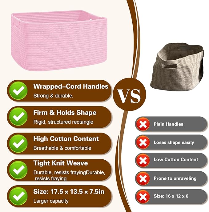 2 Pack Large Storage Basket for Organizing, 17.5"x13.5"x7.5" Woven Basket for Shelves, Closet Cube Storage Bins with Wrapped Handle, Cotton Rope Baskets for Kitchen, Clothes, Toys(Light Pink)