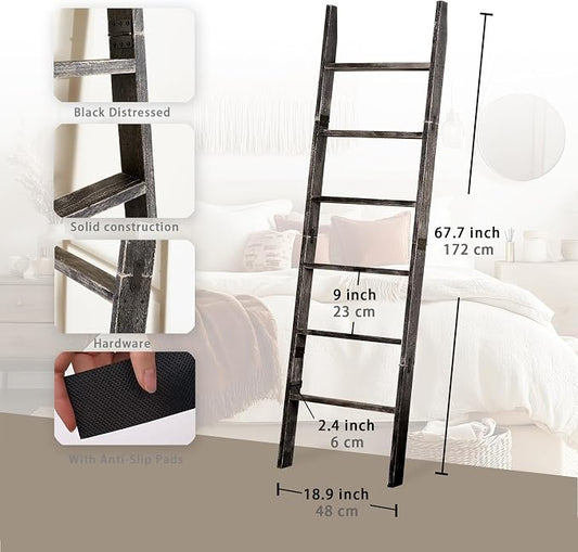 Blanket Ladder for The Living Room 6-Tier, Wooden Decorative Quilt Holder for Bed Room, Wall-Leaning Wood Towel Rack for Bathroom,Rustic Farmhouse Ladders for Display.(Black Wash)