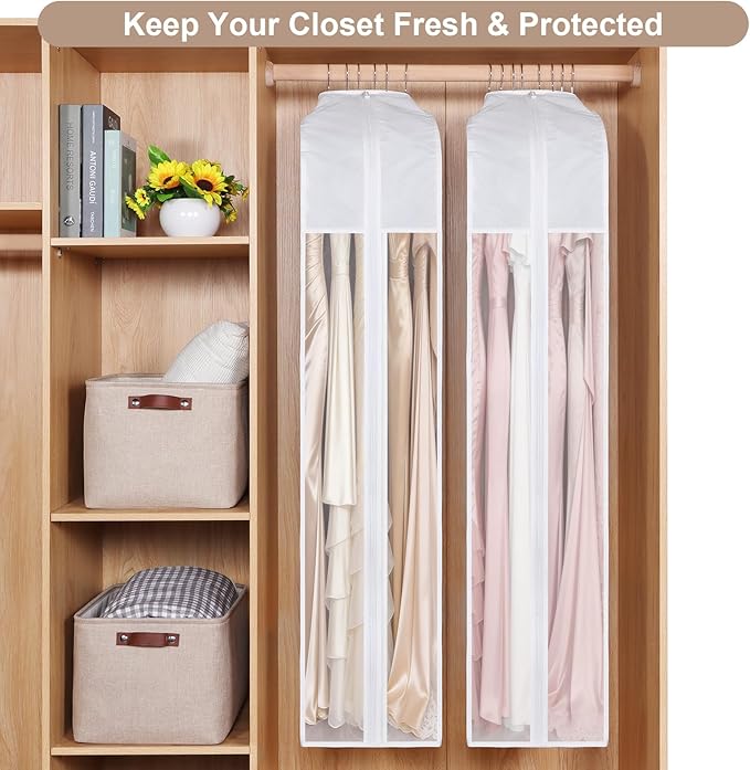 Kntiwiwo 60" Premium Cotton Garment Bag for Hanging Clothes and Storage, Breathable Dress Bags for Gowns with Extra Large 10" Gusseted & Clear Window, Dust Cover with Zipper for Long Dresses, 3 Pack