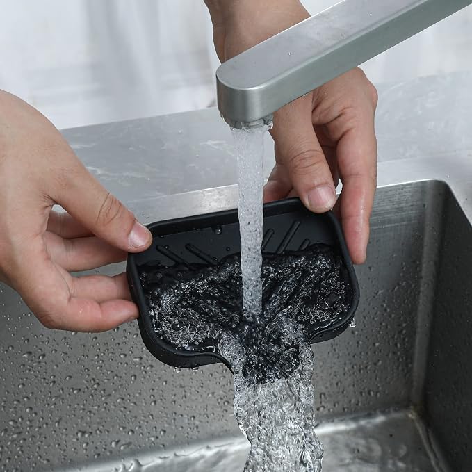 MicoYang Silicone Soap Dish with Drain Spout, Self-Draining Sink Organizer Tray for Bathroom and Kitchen, Sponges, Dispensers and Soap Holder, Non-Slip and Dishwasher Safe, Black (Compact, 4.9"×3.2")